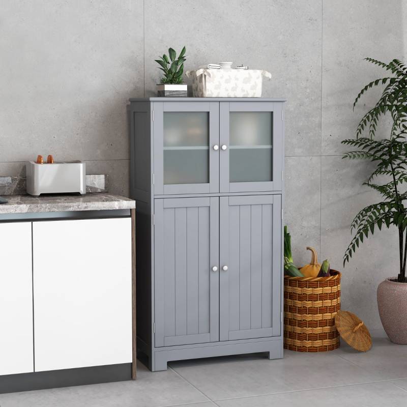 4-türiger Badezimmerschrank mit Glastüren & Verstellbarem Regal Küchenschrank Grau von Costway