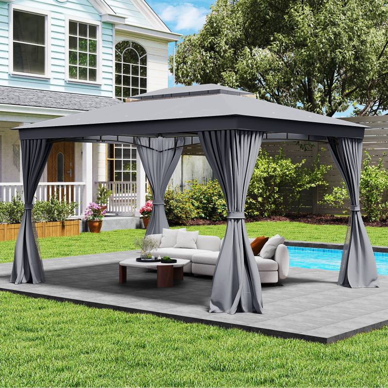 4 x 3 m Pavillon Gartenpavillon mit Netz & Vorhang & Doppeldach Pavillonzelt wasserdicht Sonnenschutz für Terrasse von Costway