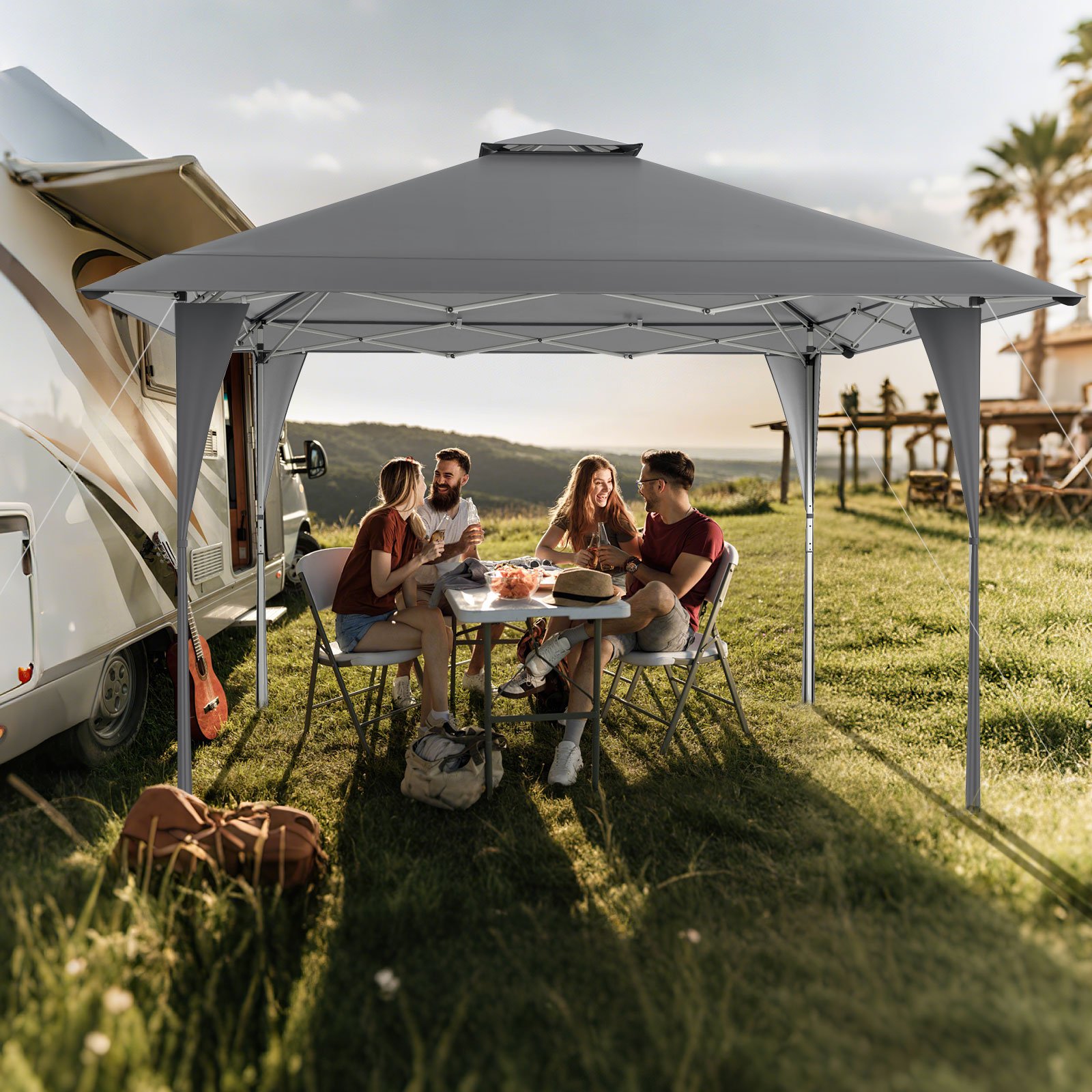 4 x 4 m Pop Up Pavillon Höhenverstellbarer Gartenpavillon mit Doppeldach & Metallrahmen Grau von Costway