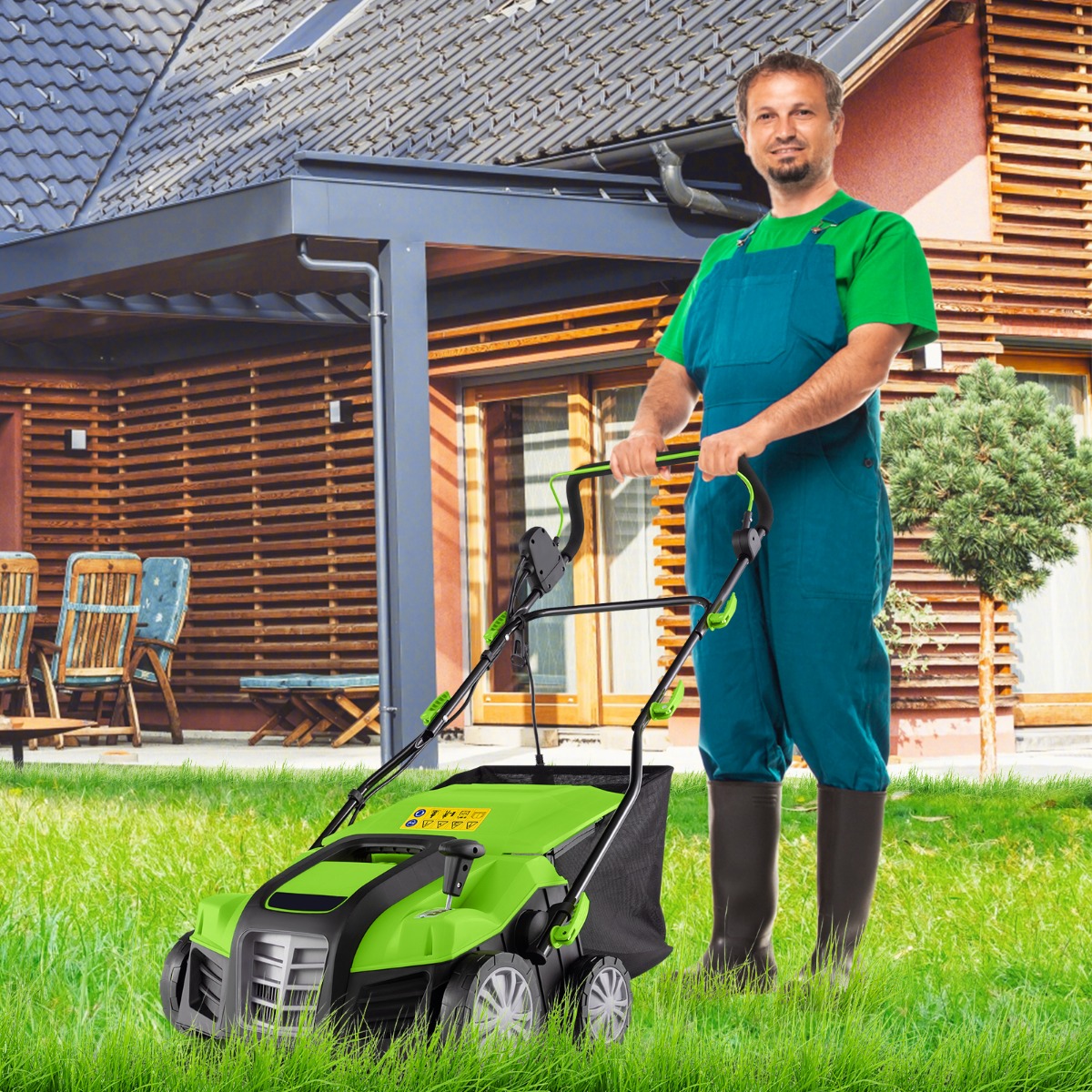 41 cm Elektrischer Vertikutierer & Rasenlüfter 15A 2-in-1 Rasenvertikutierer mit 3-Positionen Höhenverstellung Grün von Costway