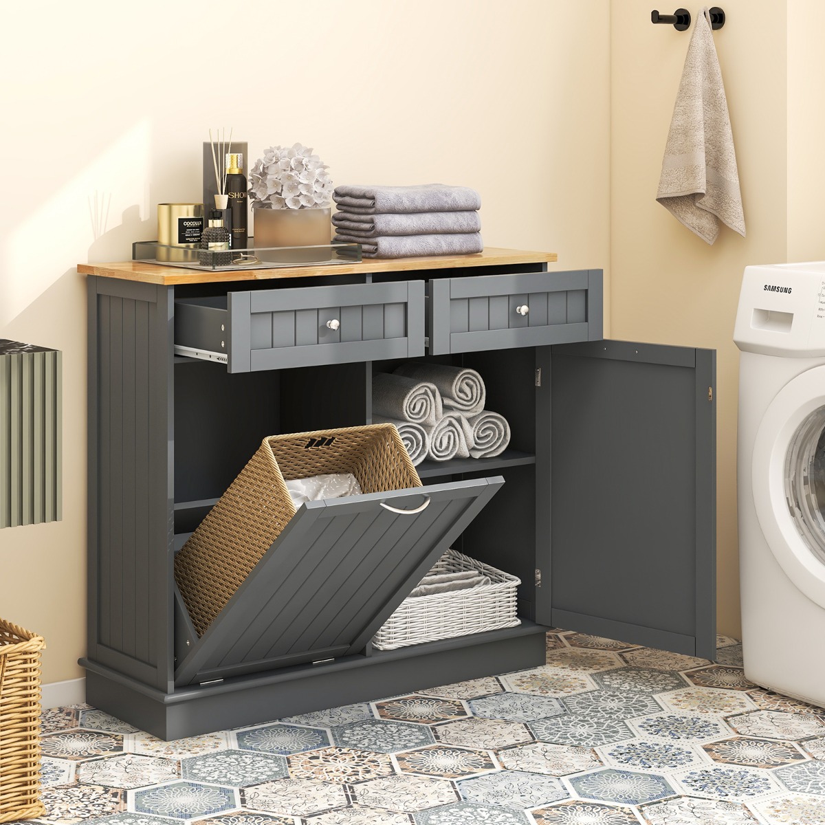 42L Kommode für Mülleimer mit Großer Arbeitplatte & 2 Schubladen & Verstellbarem Regal Grau 42L Kommode für Mülleimer mit Großer Arbeitplatte & 2 Schubladen & Verstellbarem Regal Grau von Costway