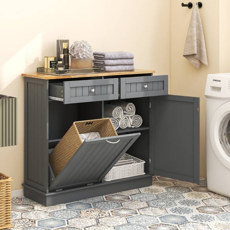 42L Kommode für Mülleimer mit Großer Arbeitplatte & 2 Schubladen & Verstellbarem Regal Grau von Costway