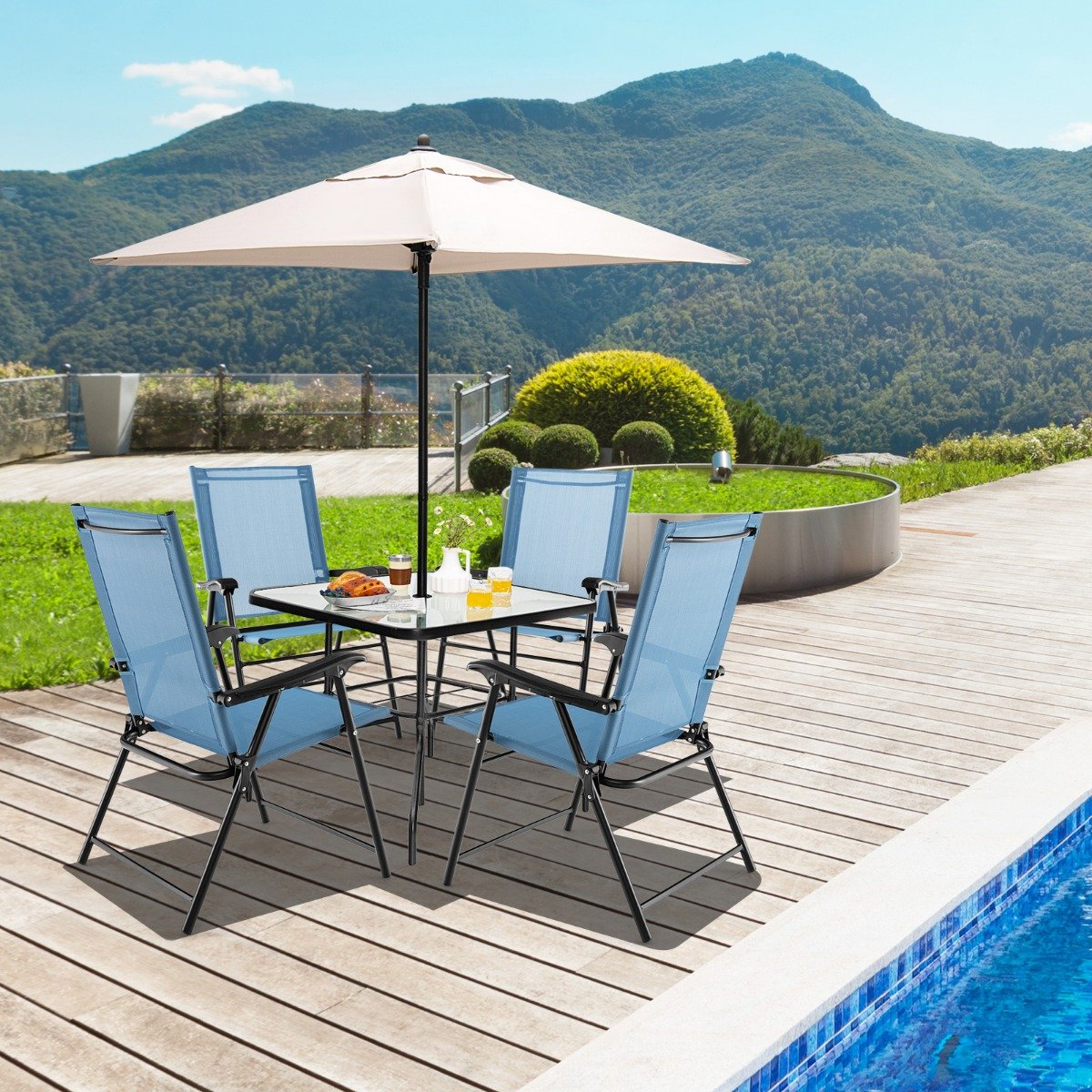 4er Set Gartenstühle Klappstühle mit Armlehnen Balkonstühle mit wetterfestem Stoff Blau 4er Set Gartenstühle Klappstühle mit Armlehnen Balkonstühle mit wetterfestem Stoff Blau von Costway