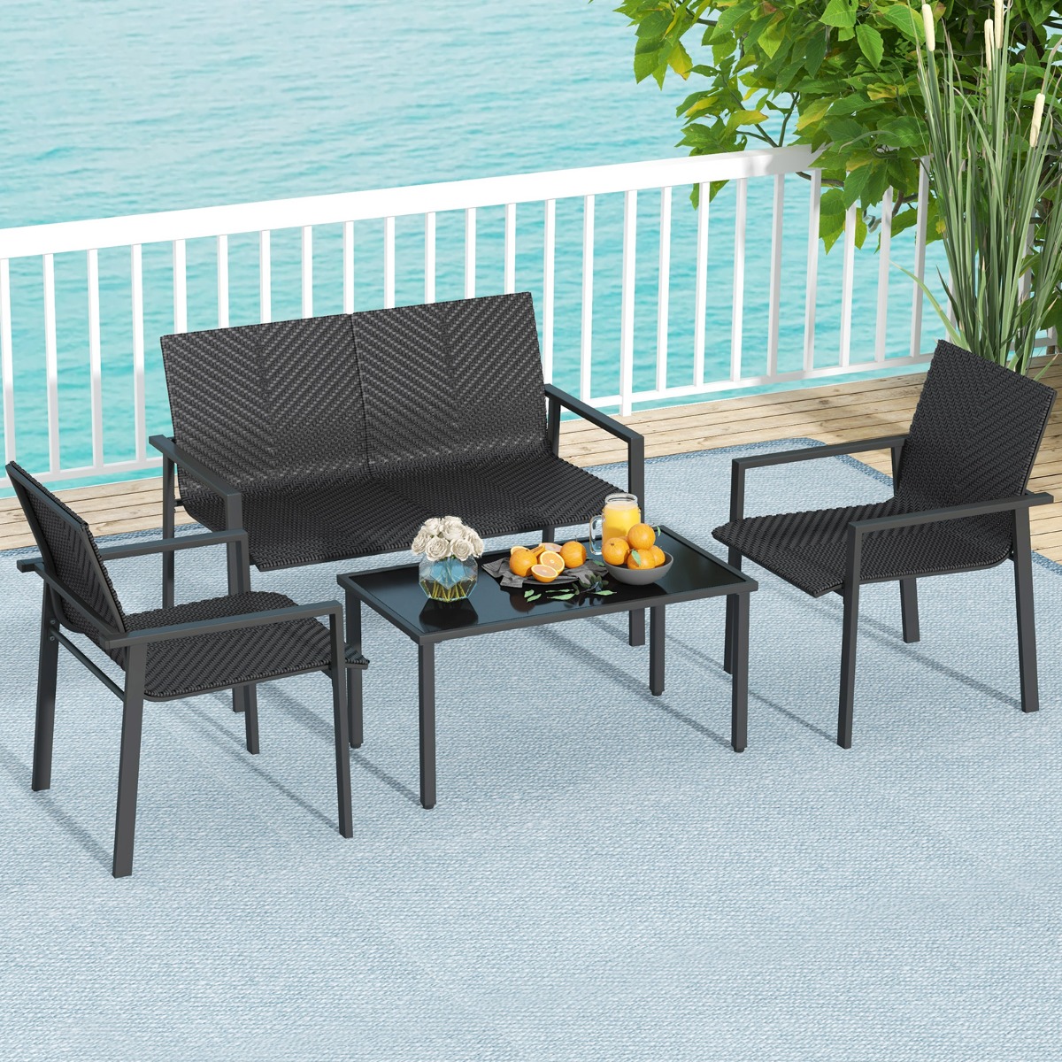4tlg. Olyrattan Gartenmöbel Set inkl. 2 Stühlen & Bank & Tisch Terrassenmöbel Sitzgruppe Schwarz 4tlg. Olyrattan Gartenmöbel Set inkl. 2 Stühlen & Bank & Tisch Terrassenmöbel Sitzgruppe Schwarz von Costway