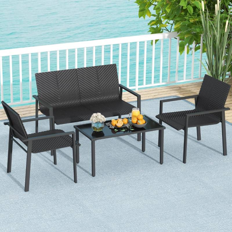 4tlg. Olyrattan Gartenmöbel Set inkl. 2 Stühlen & Bank & Tisch Terrassenmöbel Sitzgruppe Schwarz von Costway