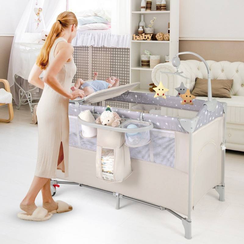 5 in 1 Beistellbett klappbar Reisebett mit Matratze 2 Ebene Babybett mit Rollen Beige von Costway