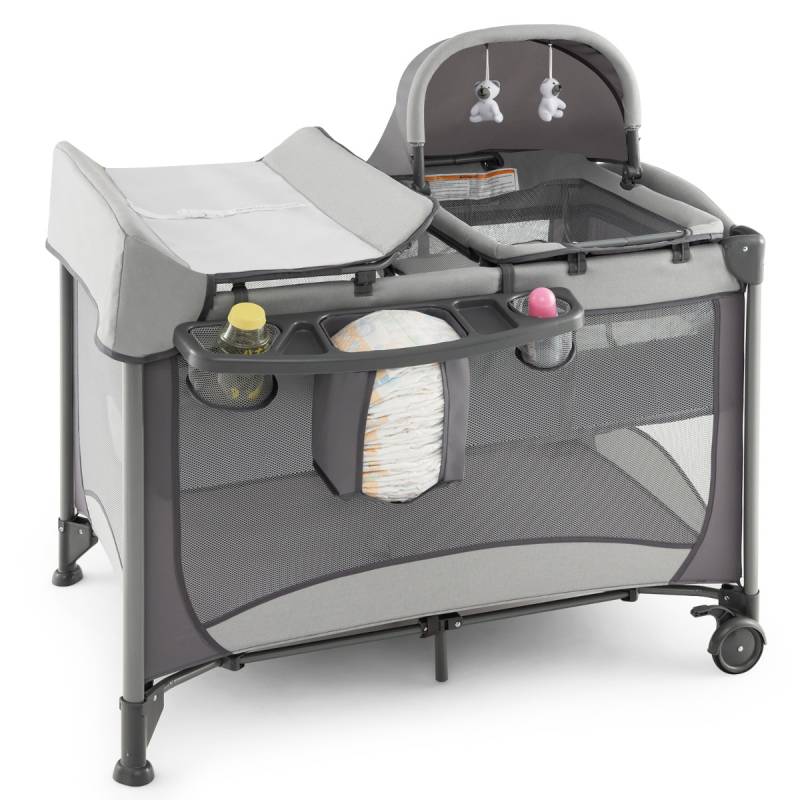 5 in 1 Mobile Babybett Wickeltisch & Wiege mit Spielzeug & Matratze & Tragetasche Grau von Costway