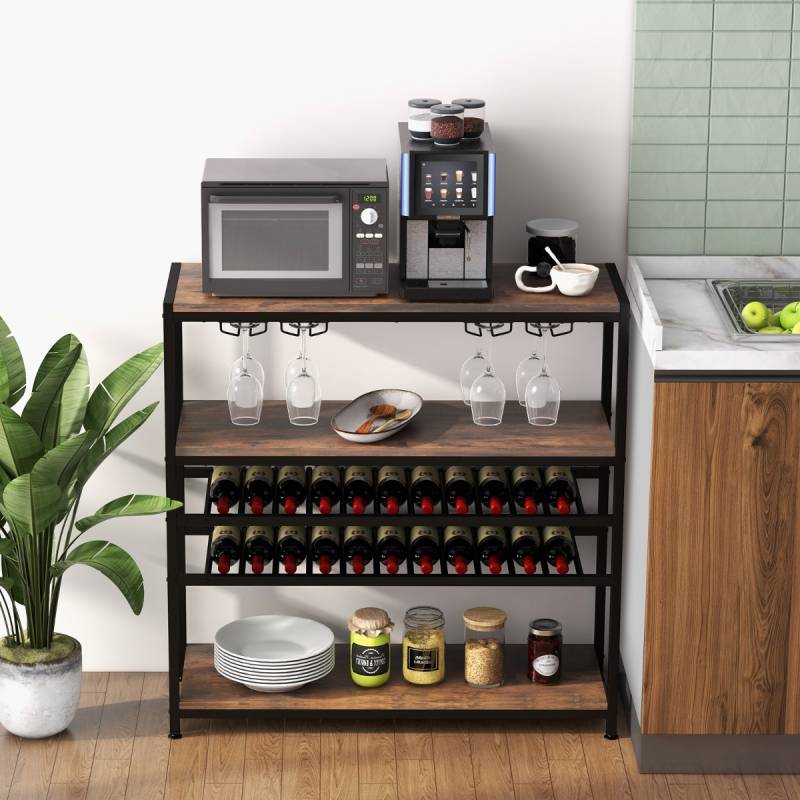 5-stufiger Weinregal mit Glashalter & Regalen Freistehender Flaschenregal Rustikales Braun von Costway