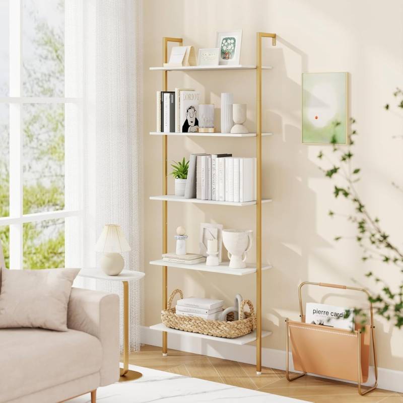 5-stufiges Leiterregal mit Metallrahmen & Verstellbaren Fußpolstern Wandmontiertes Bücherregal von Costway
