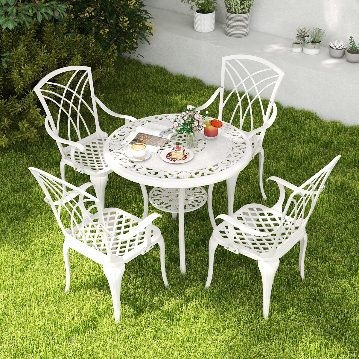 5 tlg. Bistro Set aus Aluminiumguss mit Schirmloch Wetterbeständiger Runder Esstisch & 4 Stühle Weiß von Costway