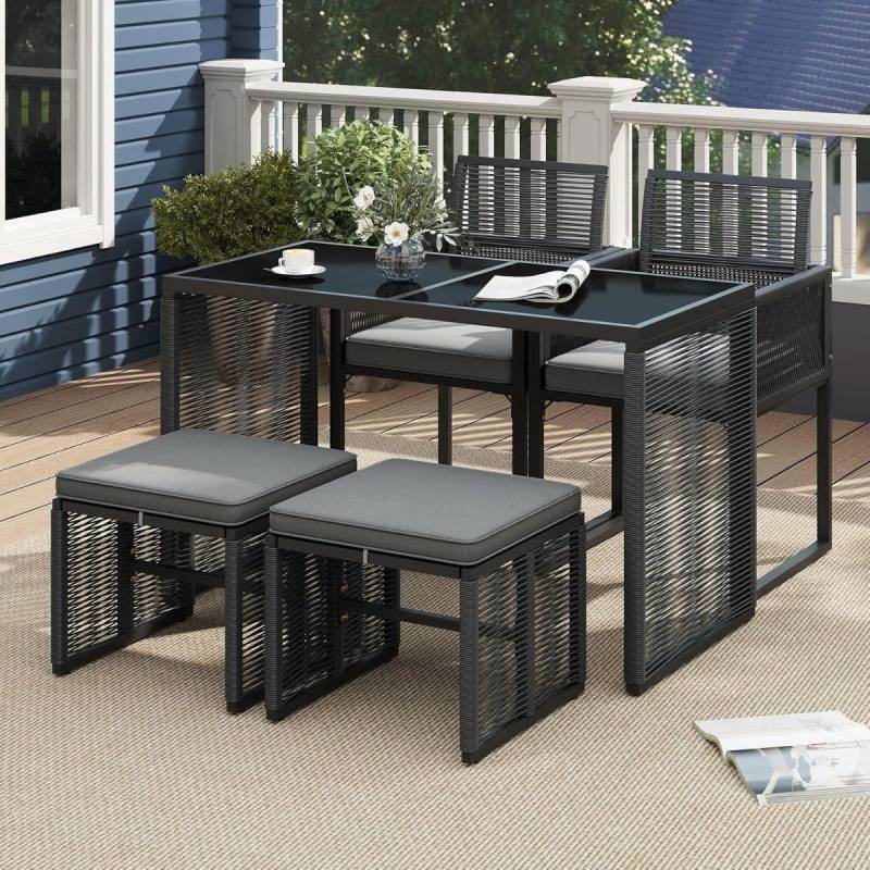 5tlg. Rattan Gartenmöbel Set inkl. 2 Stühle mit Kissen & Hocker & Tisch Platzsparendes Gartenset von Costway
