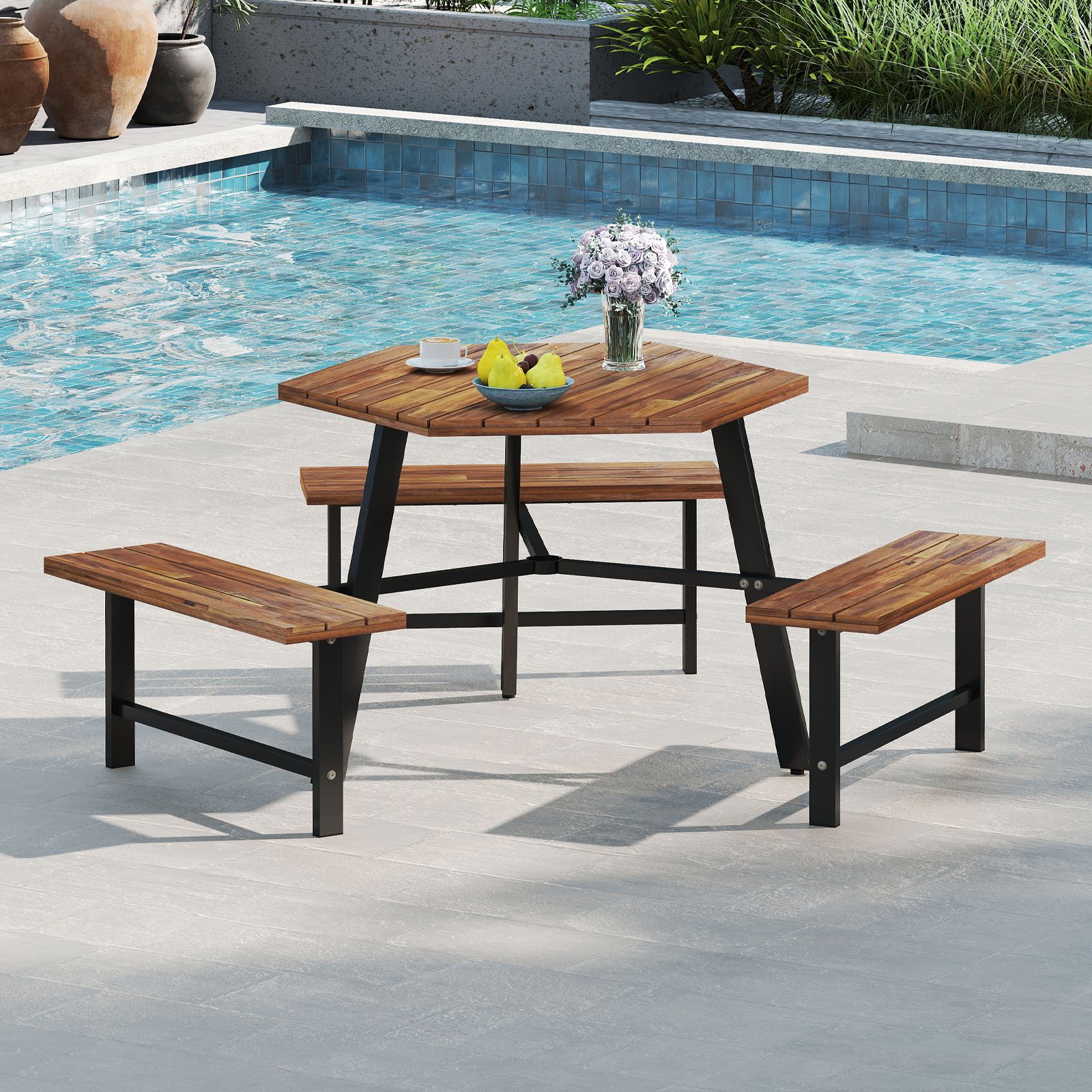 6-Personen Picknick-Tischset aus Akazienholz Gartentisch mit 3 Sitzplätzen Sonnenschirmloch 6-Personen Picknick-Tischset aus Akazienholz Gartentisch mit 3 Sitzplätzen Sonnenschirmloch von Costway