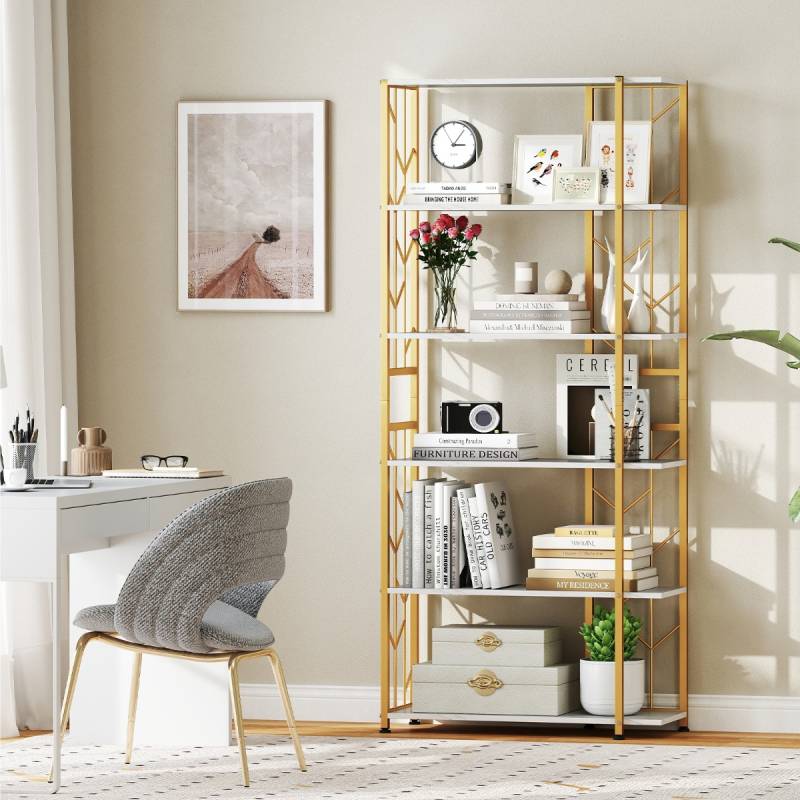 6 Stöckiges Standregal mit Metallrahmen Geometrisches Bücherregal Displayregal 80 x 31 x 180 cm Weiß von Costway