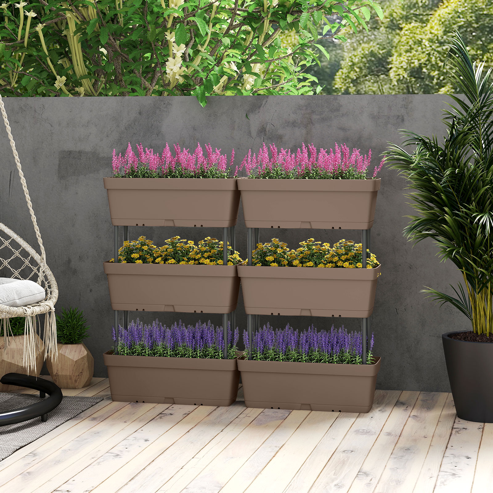 6 Stück Blumenkästen DIY-Design 49 cm lang Pflanzkästen mit Drainagesystem Blumentöpfe aus Kunststoff Grau von Costway