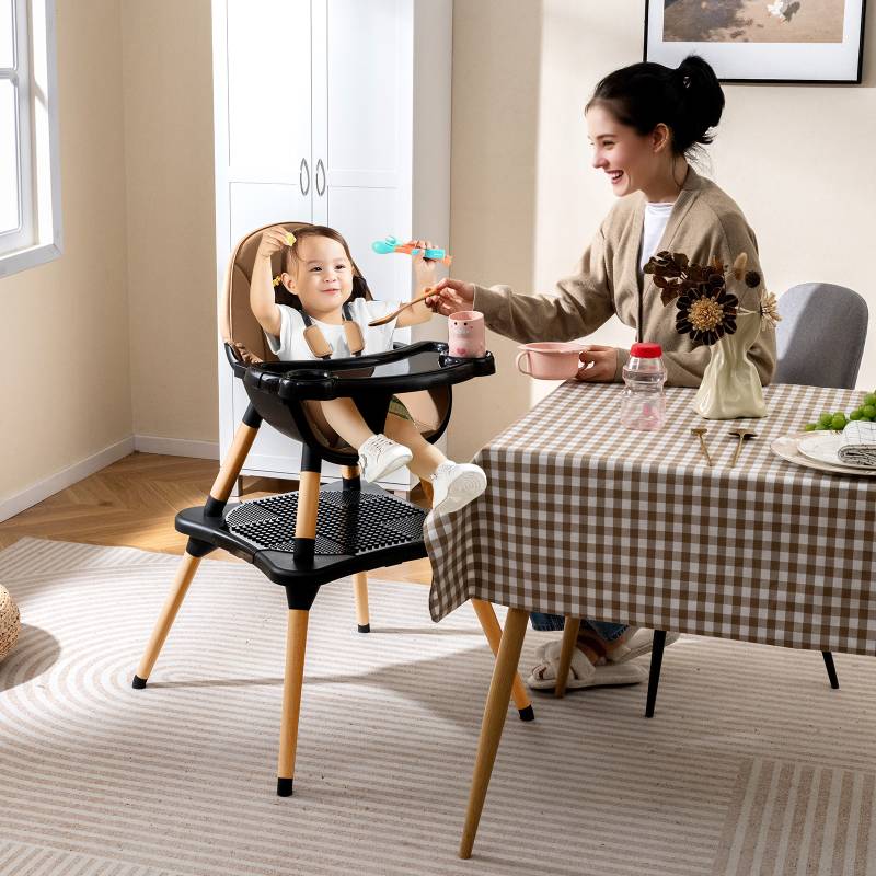 6 in 1 Baby Hochstuhl mit Bausteintisch & Abnehmbarem Doppeltablett Kinderhochstuhl Braun von Costway
