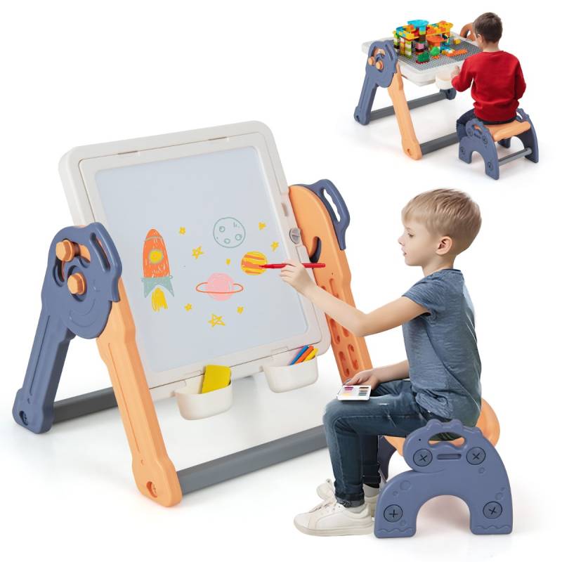 6 in 1 Klappbarer Kindertisch mit Stuhl & Staffelei Spieltisch mit Doppelseitiger & Abnehmbarer Tischplatte von Costway