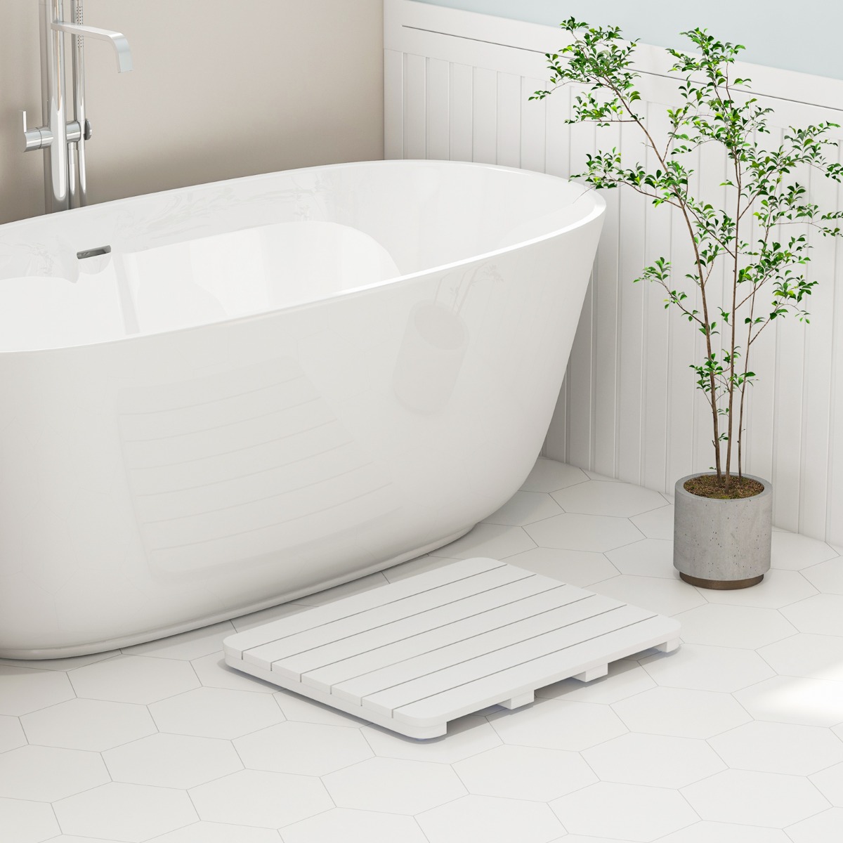 60 x 48 cm Toilettenmatte aus Hips Holz-Design Badematte bis 150kg Belastbar Badvorleger Weiß von Costway