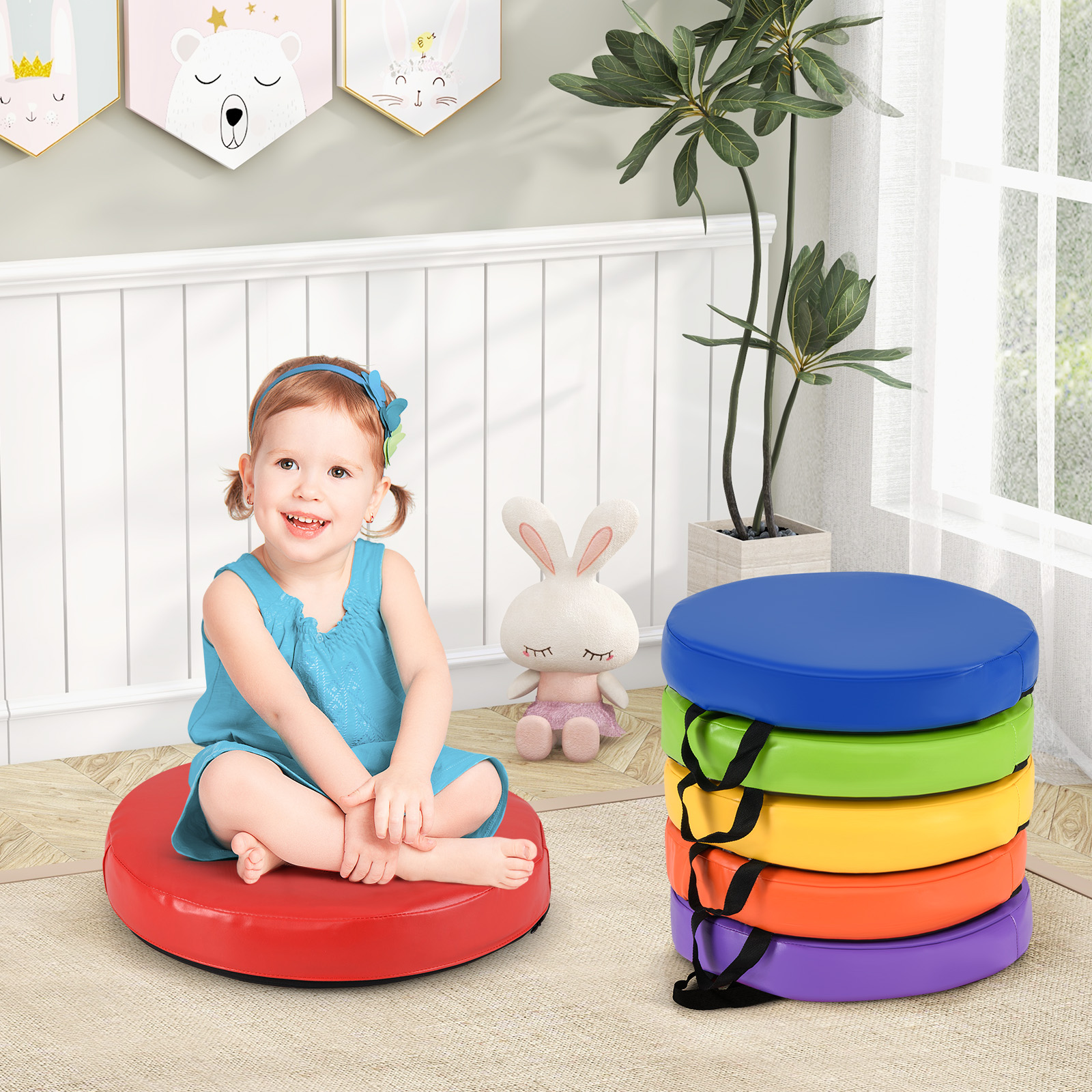 6er Set Kinder Rund Sitzkissen Bodenkissen mit Griff & Reißverschluss Stuhlkissen 35 x 35 cm 6er Set Kinder Rund Sitzkissen Bodenkissen mit Griff & Reißverschluss Stuhlkissen 35 x 35 cm von Costway