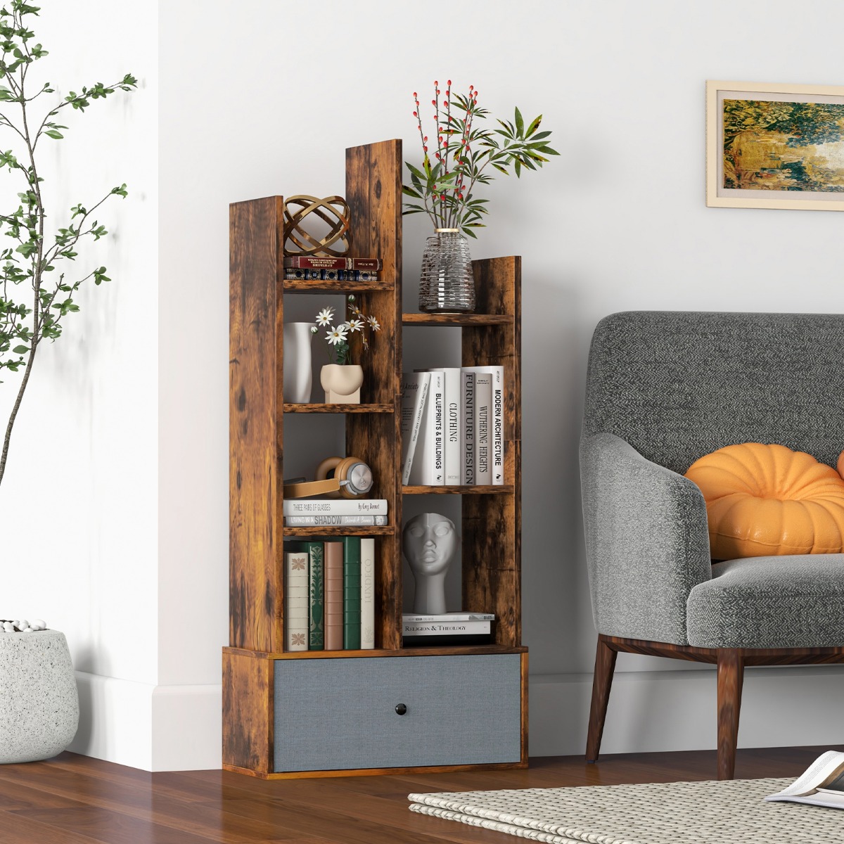 7-Stöckiges Offenes Bücherregal mit Schublade 53 x 24 x 118 cm Braun von Costway