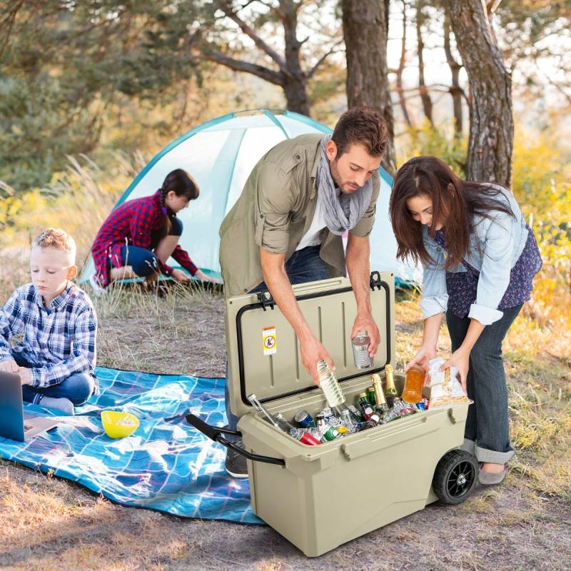 71L Isolierbox mit Flaschenöffner & Griff & Rädern Tragbare Kühlbox Wärmebehälter Khaki von Costway