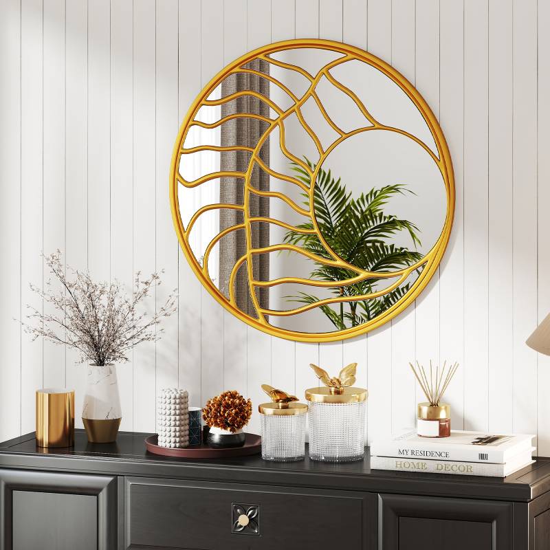 φ80cm Spiegel dekorativ Wandspiegel mit goldenem Rahmmen asymmetrischer Spiegel groß Wanddeko rund für Wohnzimmer von Costway