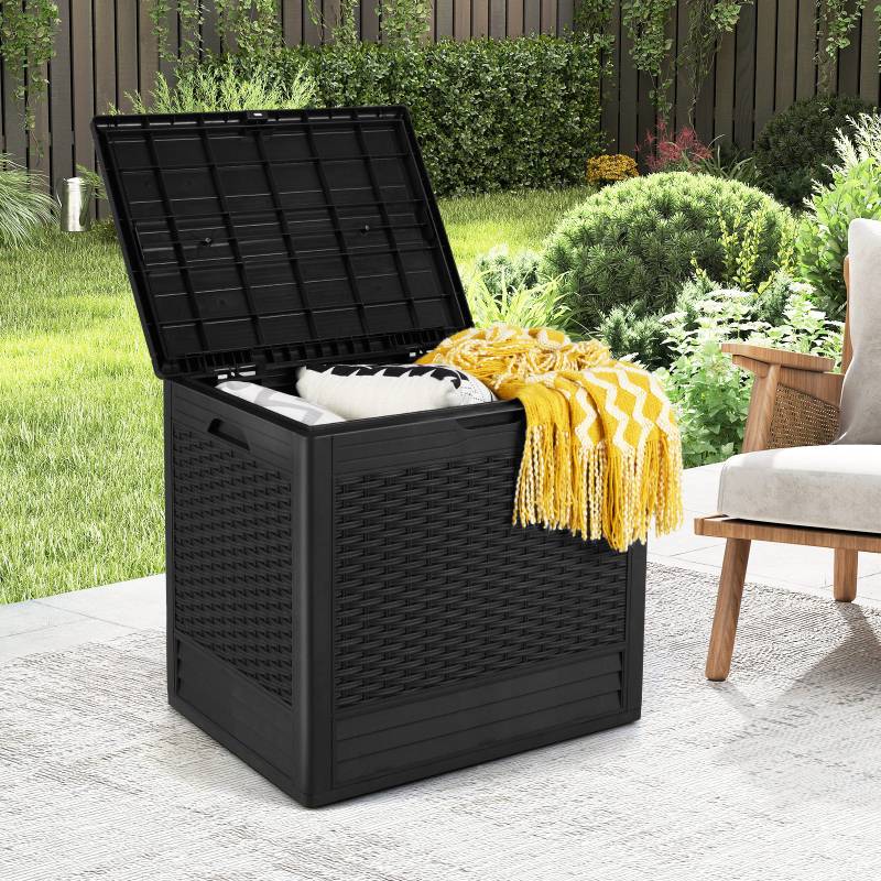 96 L Aufbewahrungsbox Outdoor Auflagenbox mit PP-Deck Rattanmustern & abschließbarem Deckel Schwarz von Costway