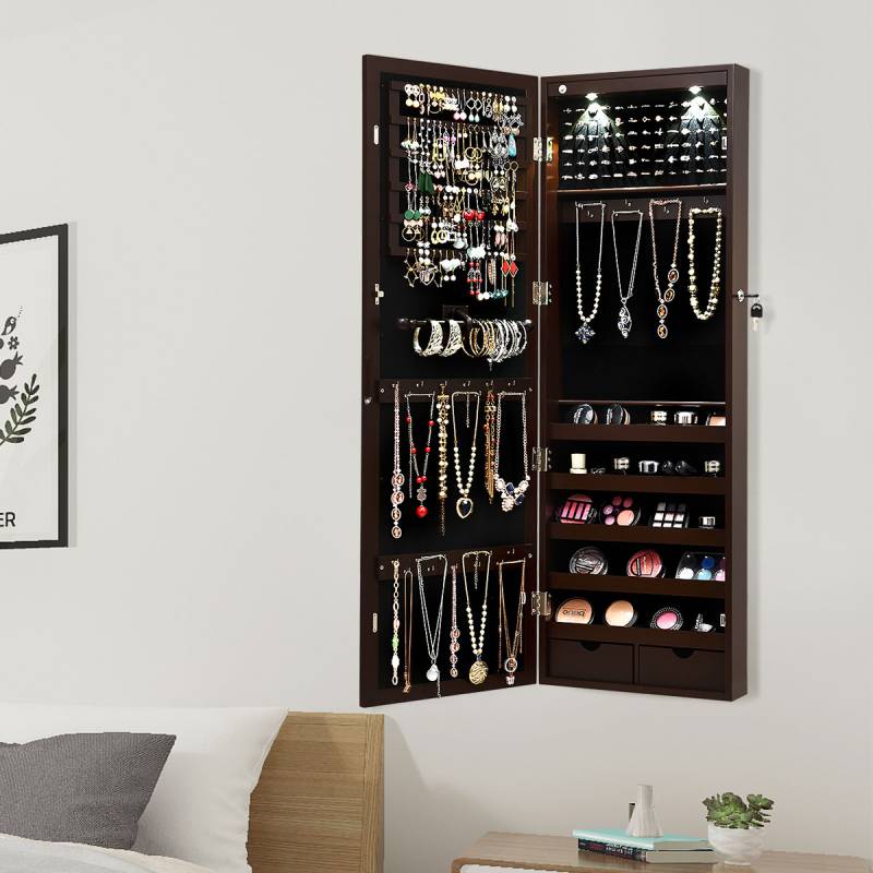 Abschließbarer LED-Schmuckschrank mit Ganzkörper-Spiegel 37 x 9.5 x 108 cm Braun von Costway