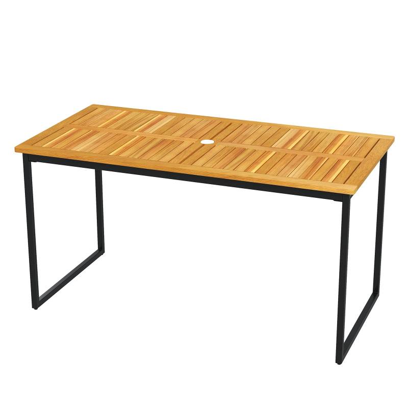 Akazienholz Esstisch für 6 Personen rechteckiger Terrassentisch mit Lattenrost Metallrahmen & Schirmloch 140 x 70 x 70 cm von Costway