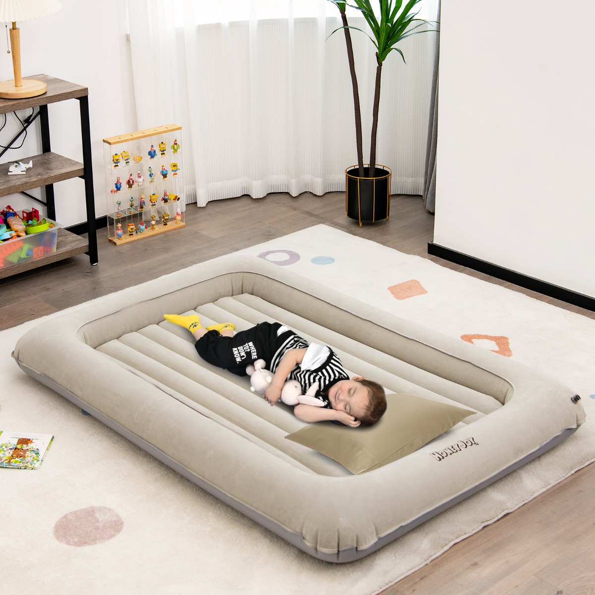 Aufblasbares Kleinkind-Reisebett mit 2 in 1 Mehrzweck-Design für Kinder 165 x 118 x 20 cm Grau von Costway
