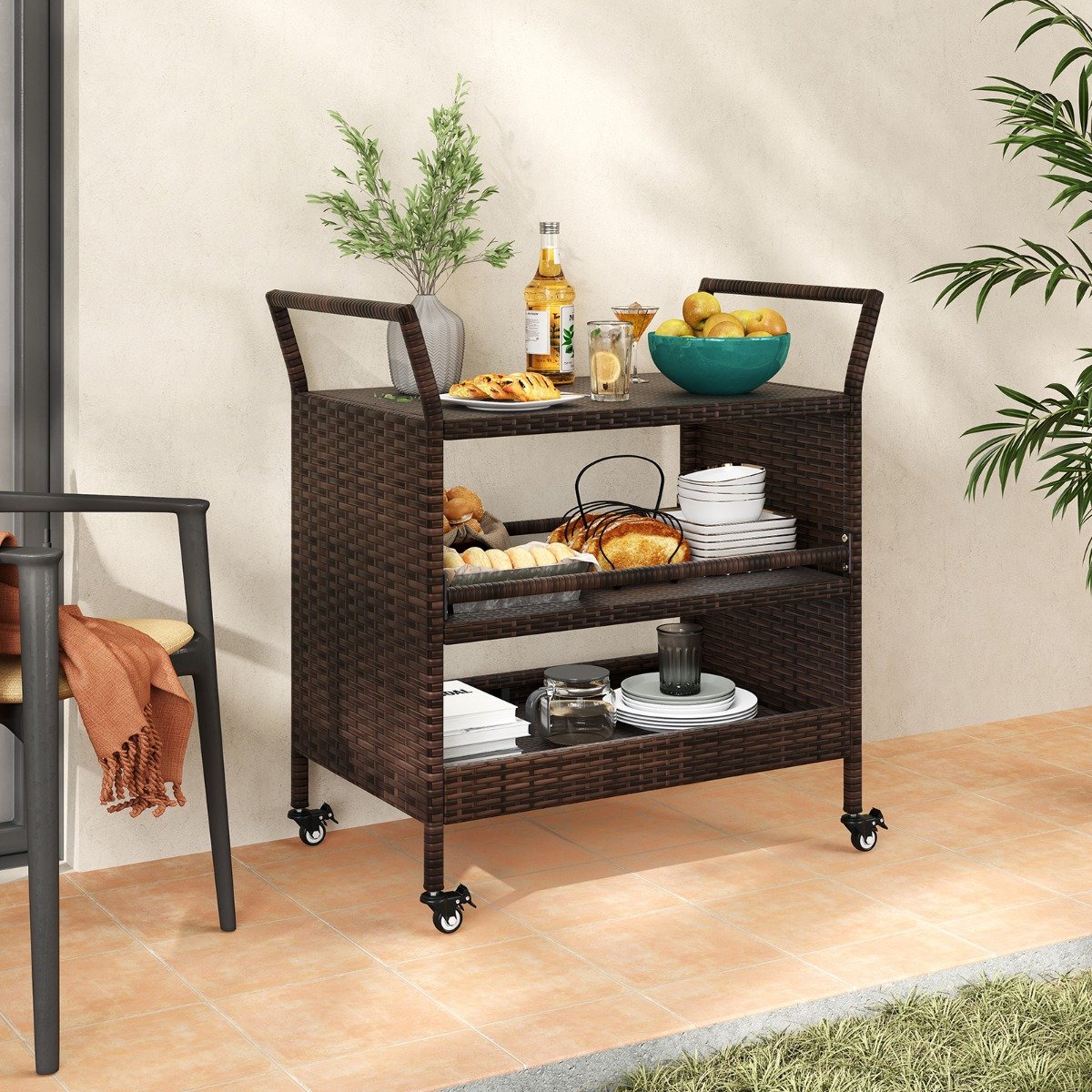 Außen-Barwagen 3-stufiges Patio Rattan-Regal mit arretierbaren Universalrädern & Seitengriffen 86 x 50 x 89 cm von Costway
