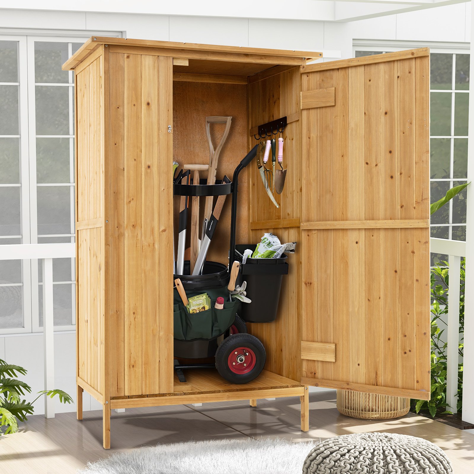 Außenlager-Schrank Holz-Gartenschuppen mit Asphalt-Dach 3 Regalen abschließbare Tür 5 Haken Natur 91 x 66 x 150 cm von Costway