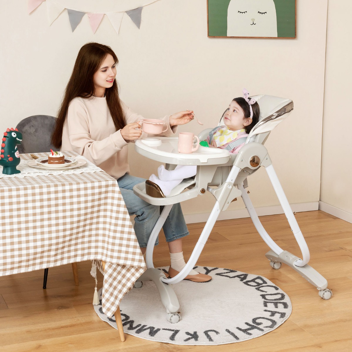 Baby Hochstuhl klappbar Babystuhl mit Liegefunktion Rädern & Doppeltablett 96,5 x 55 x 99–109 cm Grau von Costway