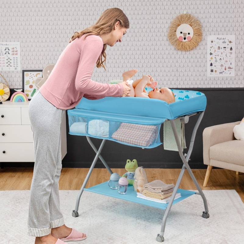 Baby Wickeltisch mit großem Aufbewahrungskorb und Regal für Neugeborene Blau Baby Wickeltisch mit großem Aufbewahrungskorb und Regal für Neugeborene Blau von Costway