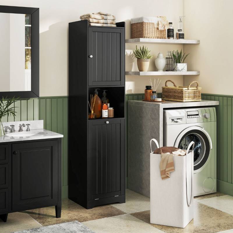 Bad Hochschrank mit Wäschekorb & Verstellbarem Regal Badezimmerschrank Badschrank Schwarz von Costway