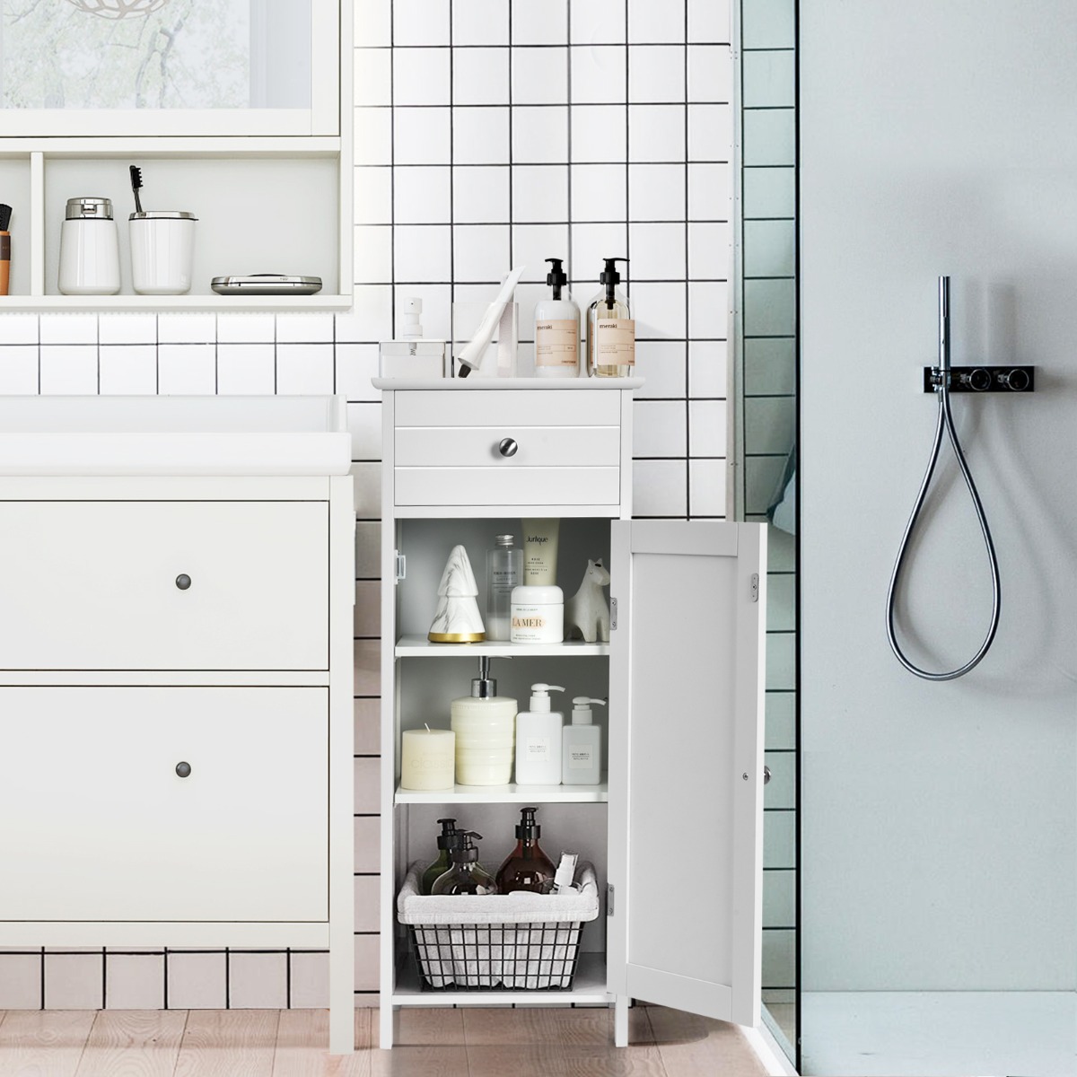 Badezimmer-Bodenschrank Freistehender Schrank mit Schublade Badschrank 35,6 x 30,5 x 88 cm Weiß von Costway