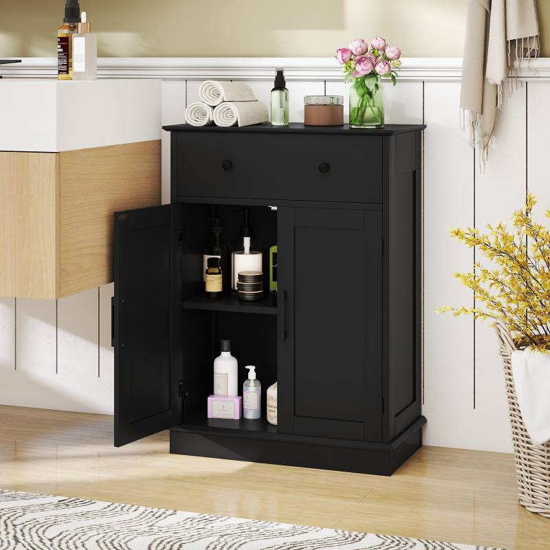 Badezimmerschrank Badschrank mit Schublade Türen & verstellbarem Regal Kommode Holz für Badezimmer 56 x 30 x 80cm Schwarz von Costway