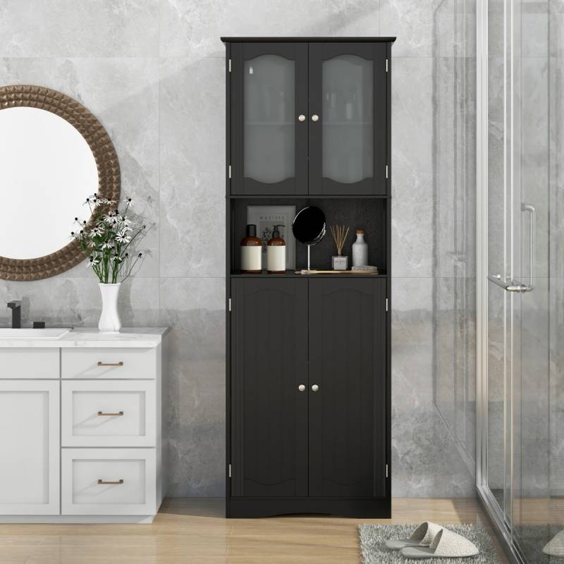 Badezimmerschrank freistehender Hochschrank mit 4 Türen Badschrank mit Kippschutz Schwarz 164 cm von Costway