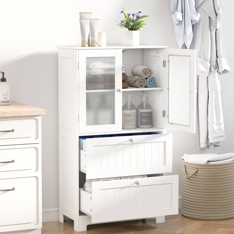 Badezimmerschrank mit 2 Schubladen & 2 Glastüren & Verstellbares Regal Hochschrank Weiß von Costway