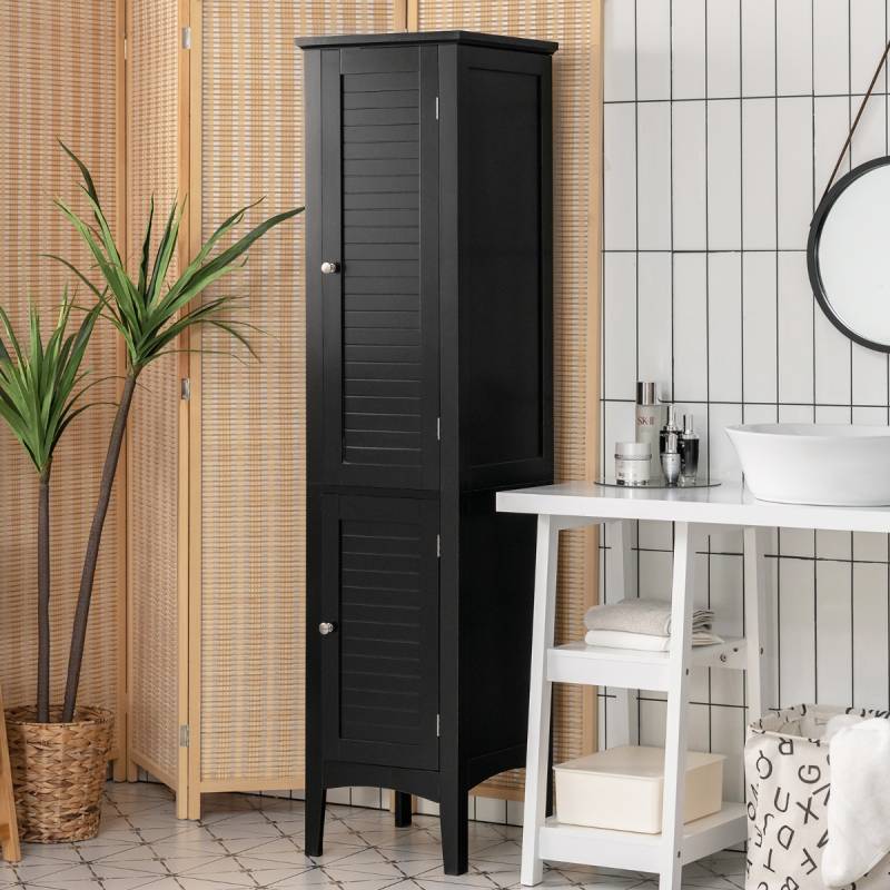 Badezimmerschrank mit 5 Fächern & 2 Lamellentür & Regalen & Kippsicherung Schmaler Hochschrank Schwarz von Costway