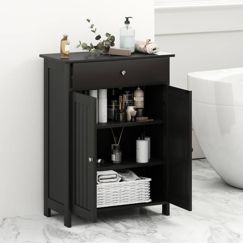 Badezimmerschrank mit Schublade & 2 Türen & verstellbarem Regal Badkommode Badschrank Schwarz von Costway
