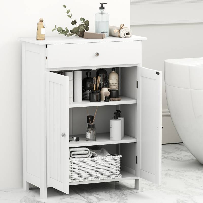 Badezimmerschrank mit Schublade & 2 Türen & verstellbarem Regal Badkommode Badschrank Weiß von Costway