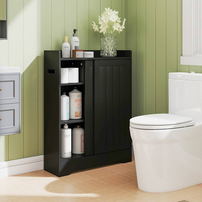 Badezimmerschrank mit Seitlichem Toilettenpapierhalter & Bürstenfach Nischenschrank Schwarz von Costway