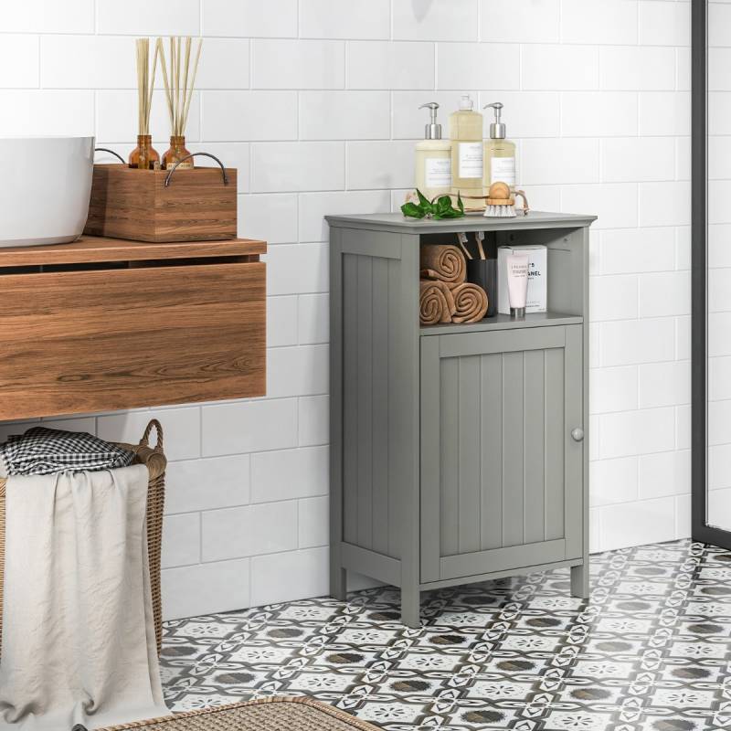 Badezimmerschrank mit Tür & Verstellbarem Regal Multifunktionales Freistehendes Regal Grau von Costway