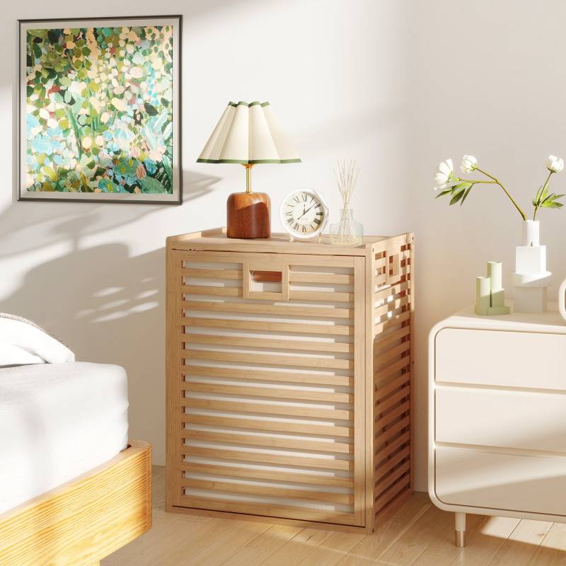 Badregal mit Wäschekorb 68 L Regal aus Bambus Badschrank mit Ablage Natur 50 x 35 x 64 cm von Costway