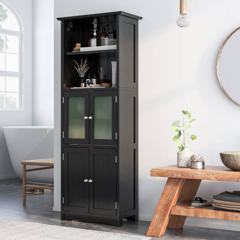 Badschrank mit Glastüren 2 offenen Fächern und verstellbaren Regalen Schwarz von Costway