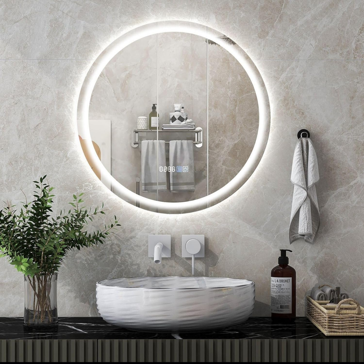Badspiegel mit Anti-Beschlage Uhr Touchschalter & Memory-Funktion Spiegelheizung LED Spiegel dimmbar 3000K-6000K 60 x 60 cm von Costway