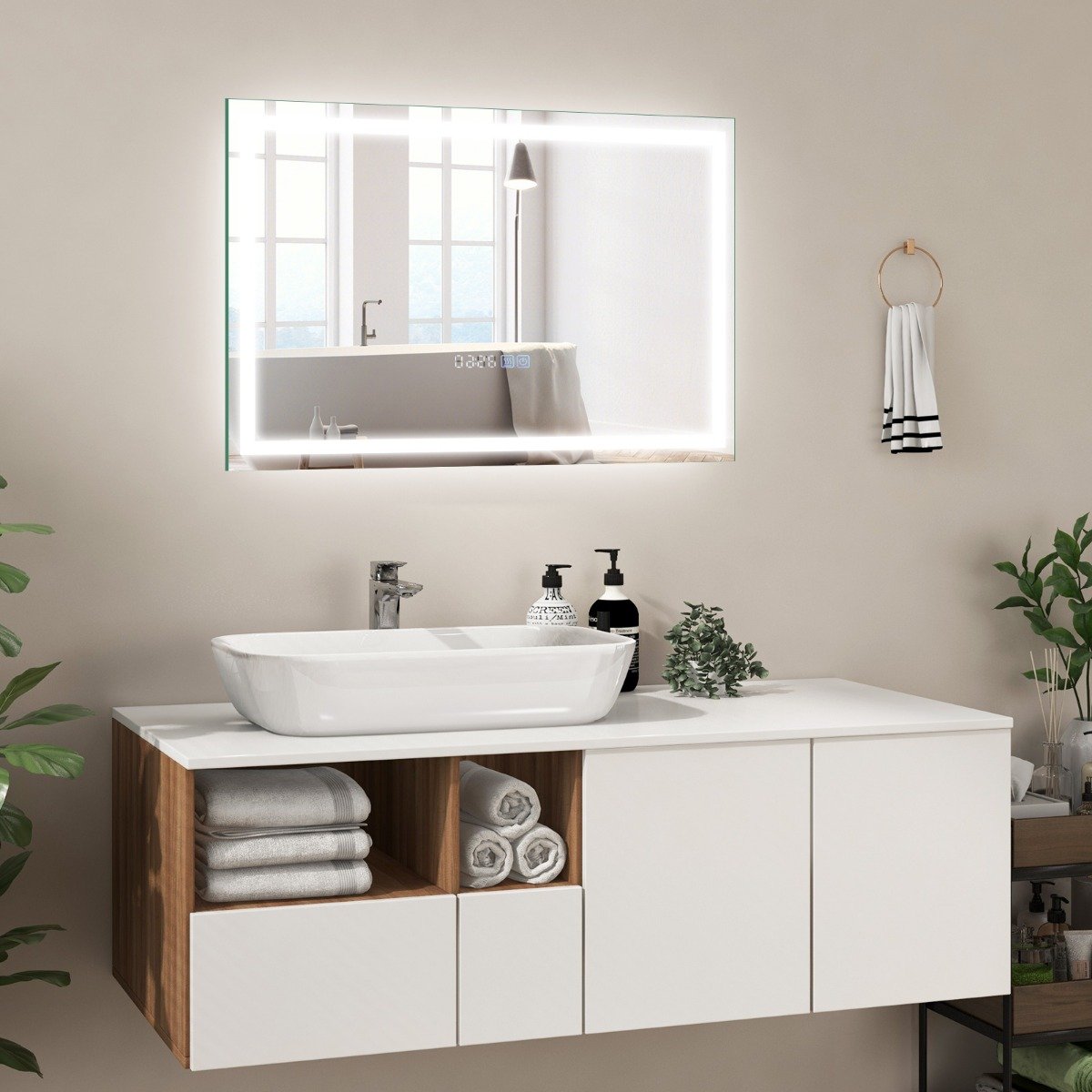 Badspiegel mit Anti-Beschlage Uhr Touchschalter & Memory-Funktion Spiegelheizung LED Spiegel dimmbar 3000K-6000K 75 x 50 cm von Costway