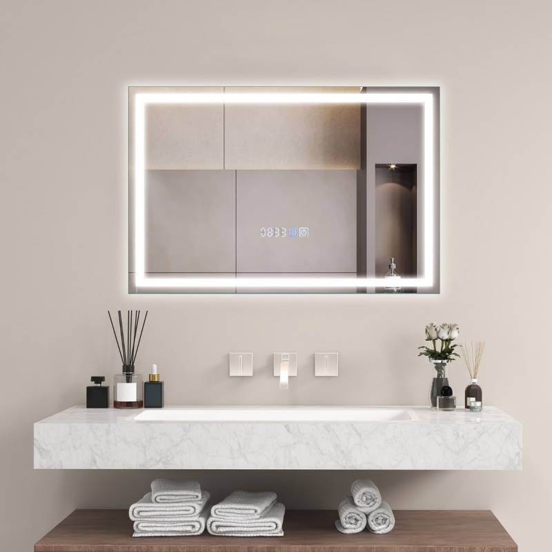 Badspiegel mit Anti-Beschlage Uhr Touchschalter & Memory-Funktion Spiegelheizung LED Spiegel dimmbar Badezimmerspiegel 3000K-6000K 60 x 40 cm von Costway