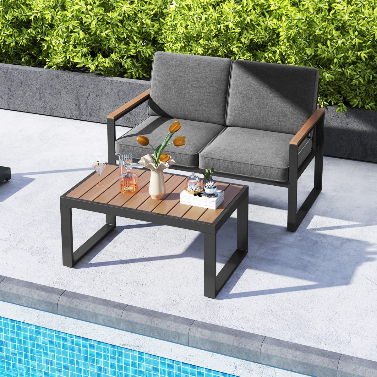 Balkonmöbel wetterfestes Gartenmöbel Set mit Aluminiumrahmen Balkonset mit Bank Grau Balkonmöbel wetterfestes Gartenmöbel Set mit Aluminiumrahmen Balkonset mit Bank Grau von Costway