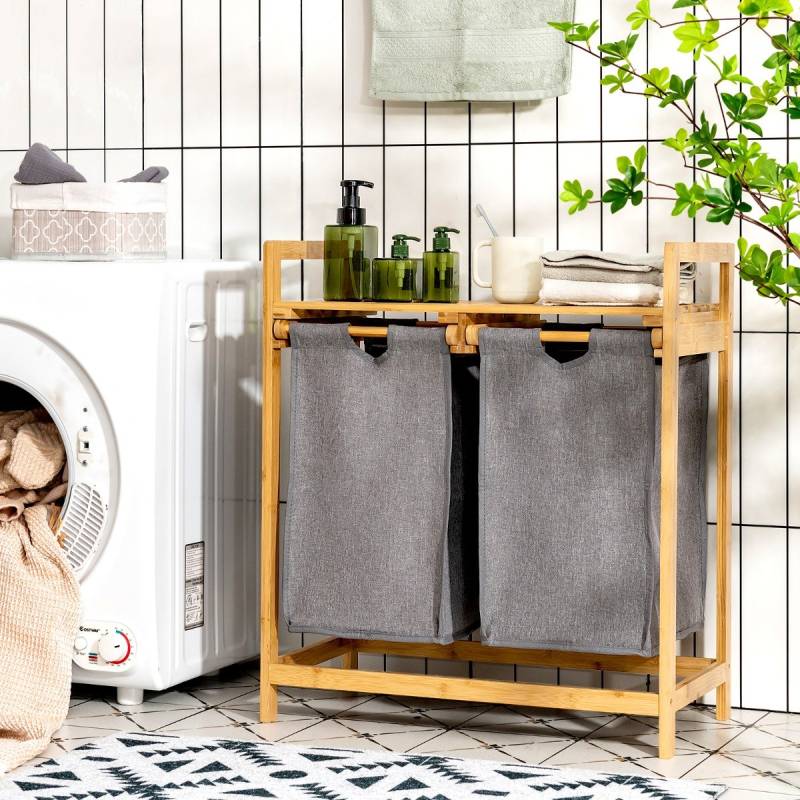 Bambus-Wäschekorb mit zwei Fächern 2-Teiliger Wäschekorb 64 x 33 x 73 cm Grau von Costway